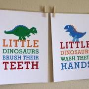 Little Dinosaurs Wash Hands and Brush Teeth, Two 8x10 Prints