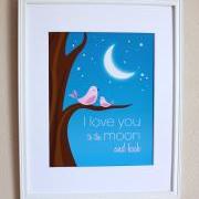 I Love You to the Moon and Back with Pink Birds Nursery Art Print, 8x10  