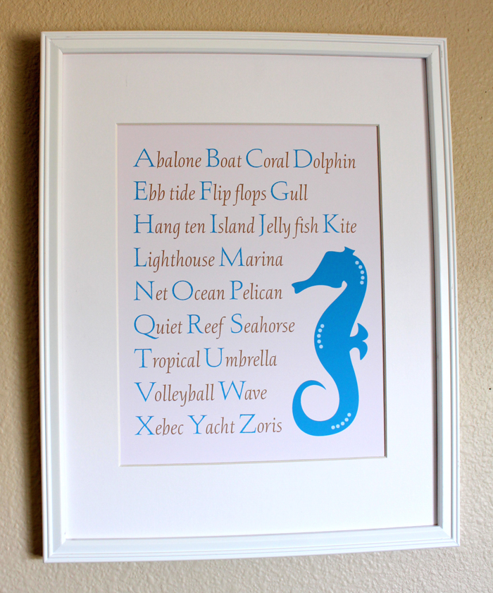 Seahorse Alphabet Nursery Art Print, Custom Colors
