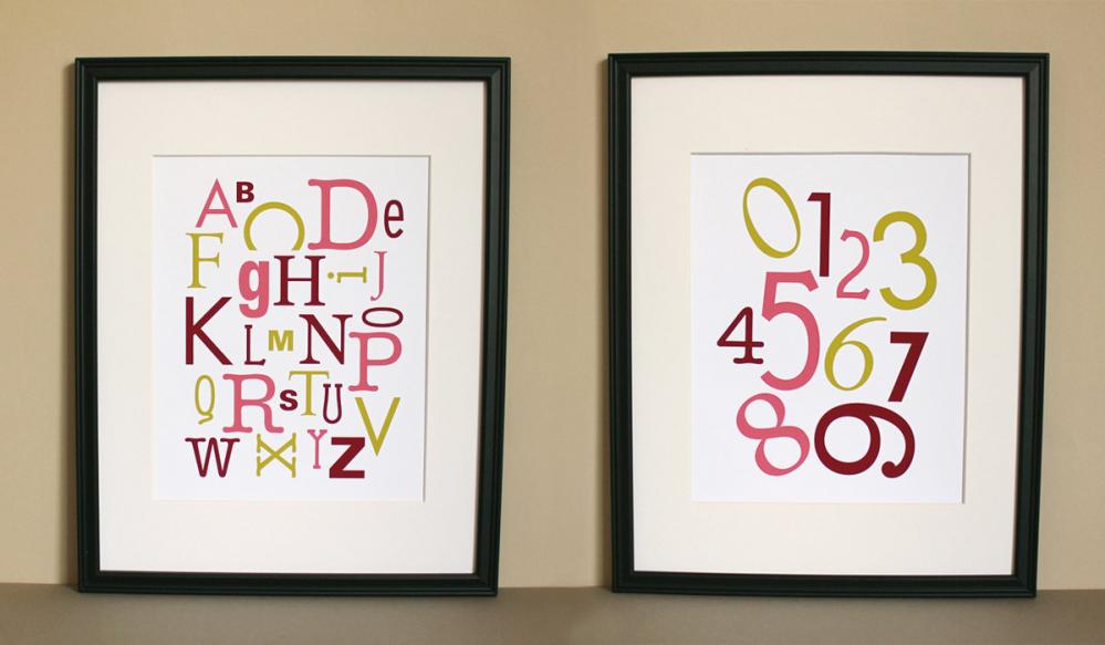 Alphabet And Numbers, Pink And Chartreuse, Two 8x10 Prints
