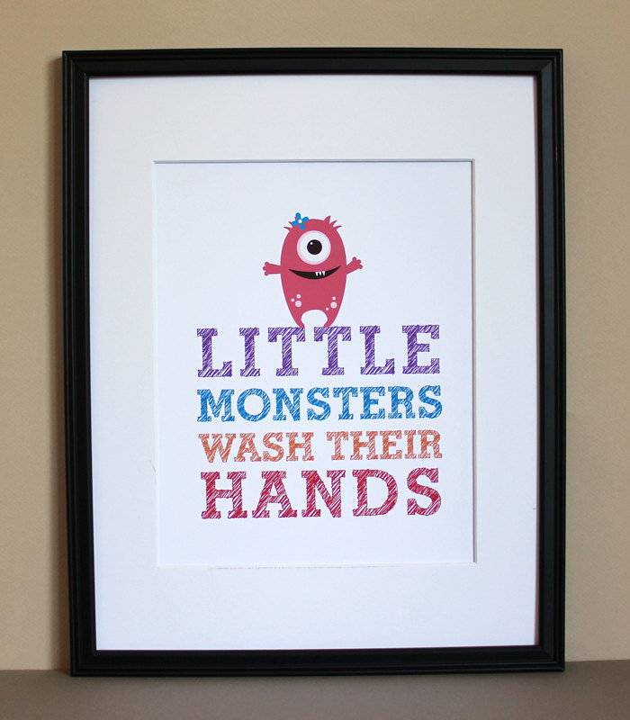 Little Monsters Wash Their Hands Art Print, 8x10, Girl